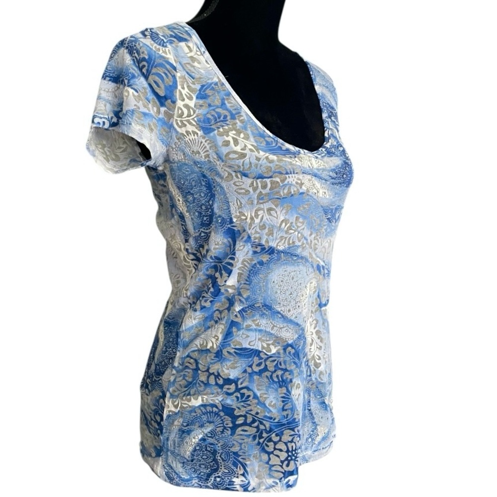 Y2K Calvin Klein Women's Bling Rhinestone Burnout Medium Blue retro T-shirt boho